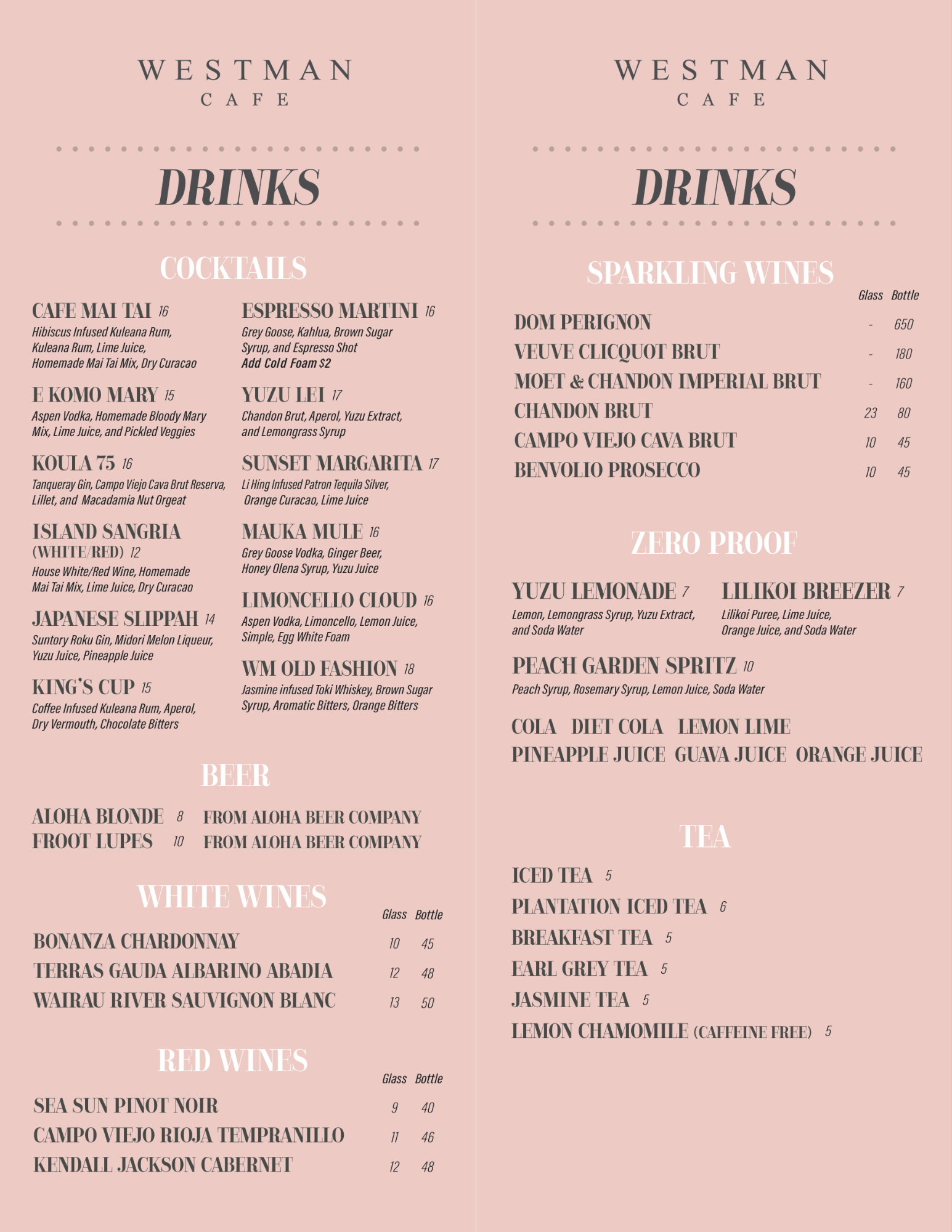 Westman Cafe beverage menu in Kakaʻako, Honolulu, featuring handcrafted cocktails, wine, beer, coffee, tea, sparkling wine, and non-alcoholic drinks.