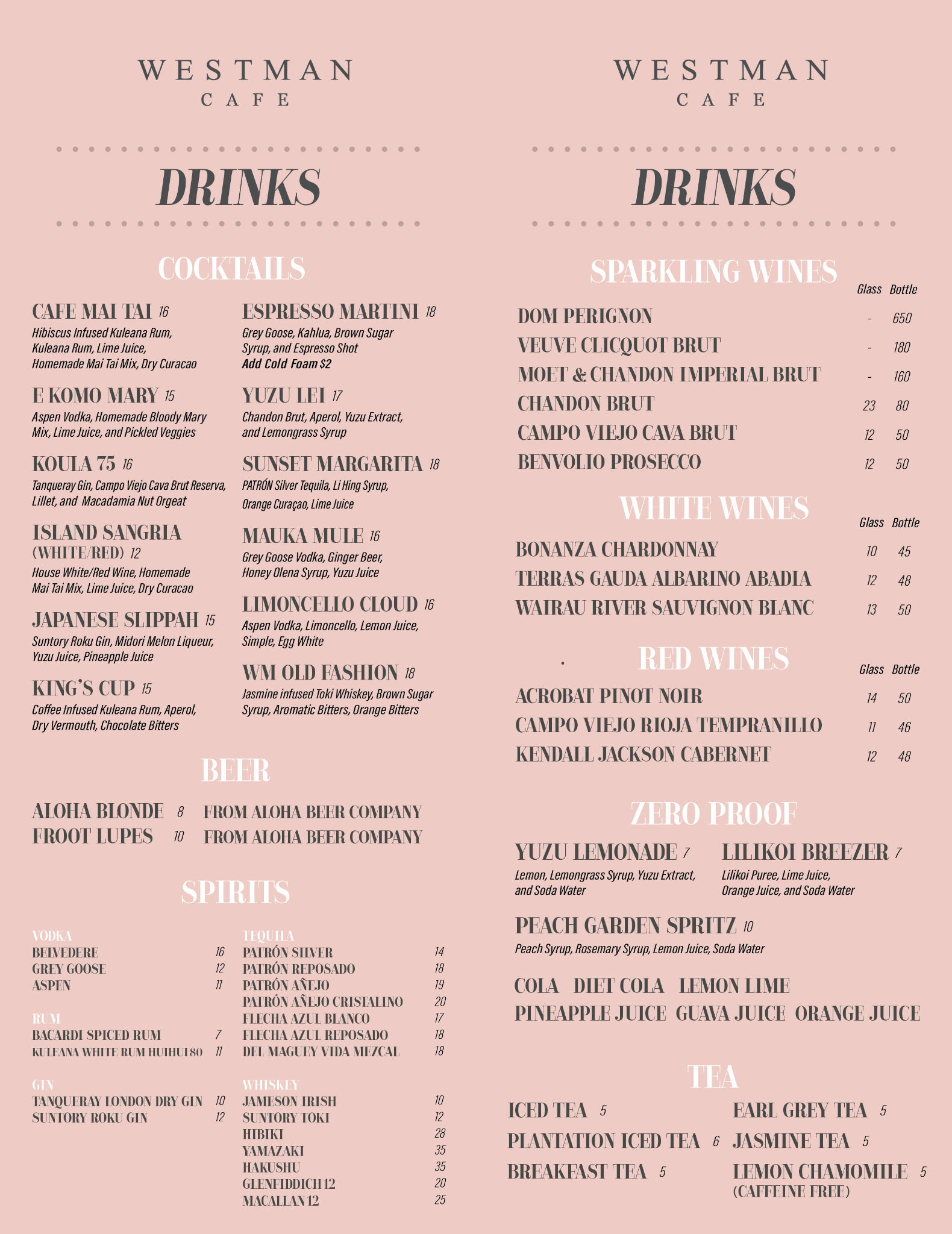 Westman Cafe Kakaako Honolulu dinner drink menu with cocktails, beer, spirits, wine, zero-proof beverages and tea